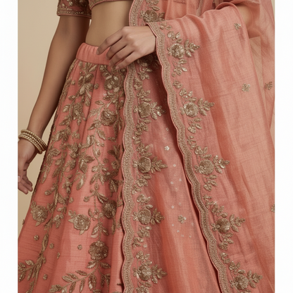 Salmon raw silk lehenga set