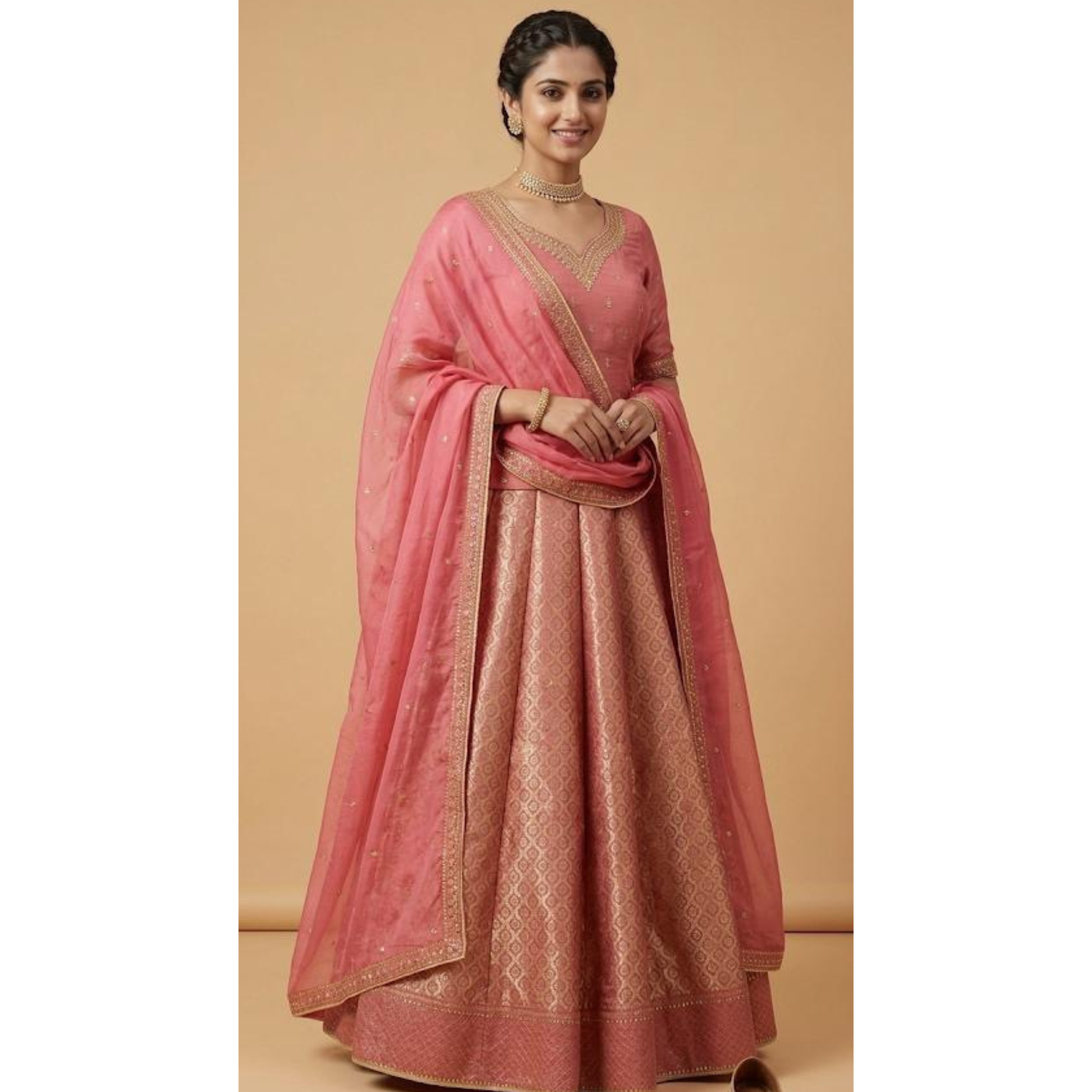 Woman wearing a pink saree with gold patterns on a beige background