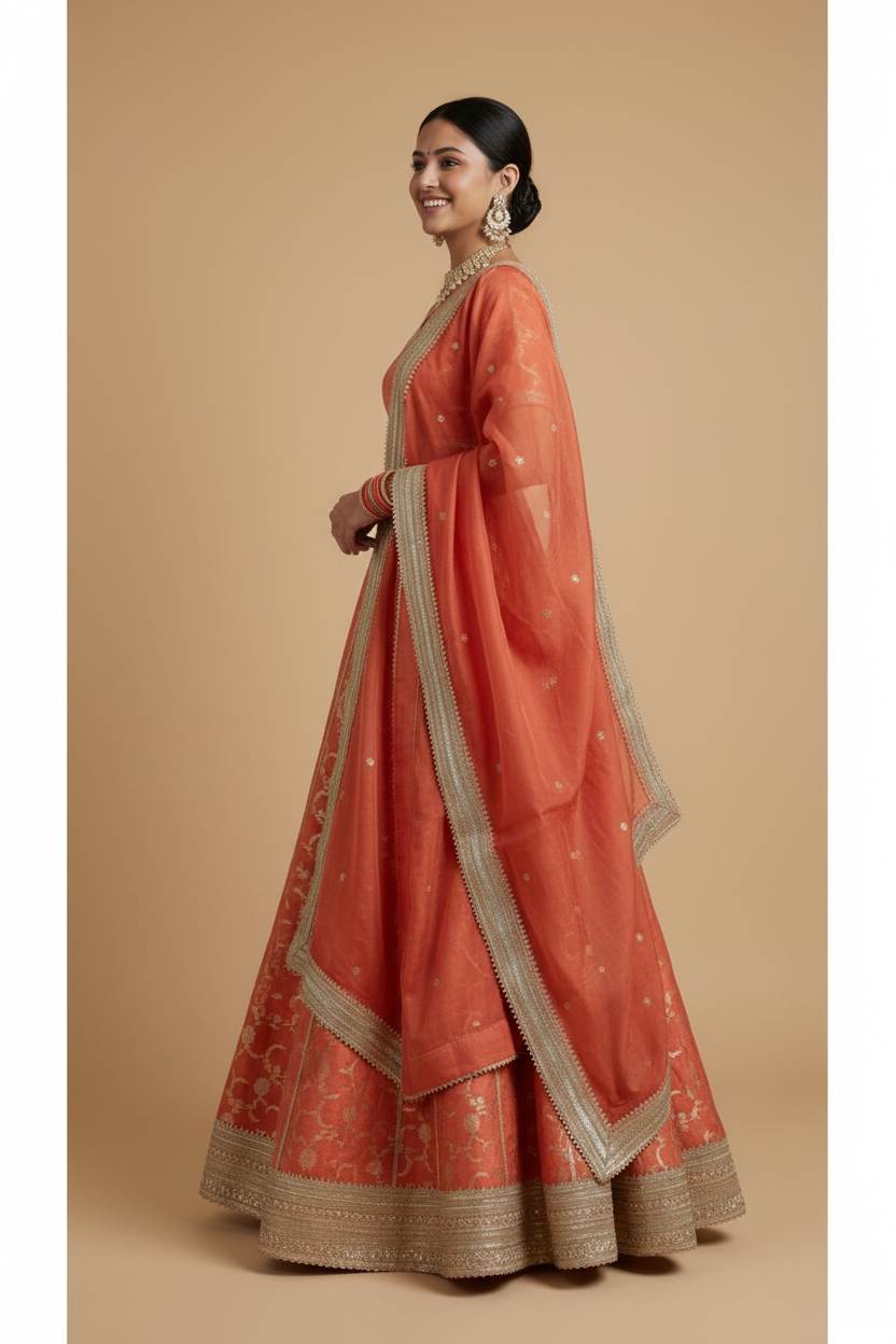 Coral and light gold lehenga set