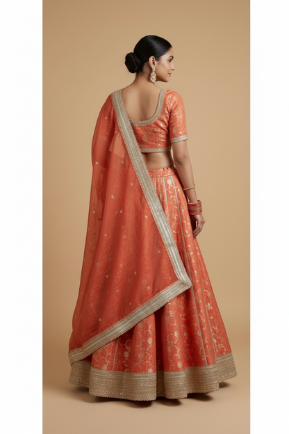 Coral and light gold lehenga set