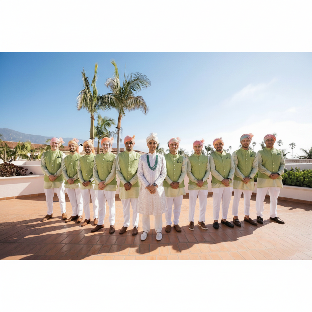 Men in formal attire standing in a line with palm trees and clear sky in the background wearing white and pistachio kurta sets