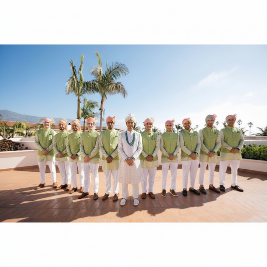 Men in formal attire standing in a line with palm trees and clear sky in the background wearing white and pistachio kurta sets