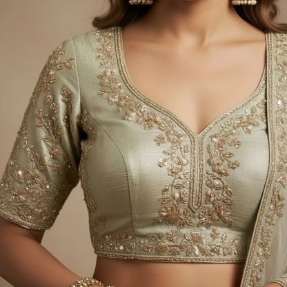 Sage green embroidered blouse and lehenga set