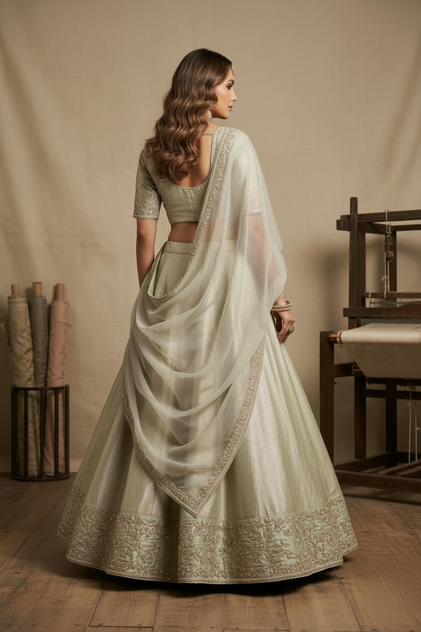 Sage green embroidered blouse and lehenga set