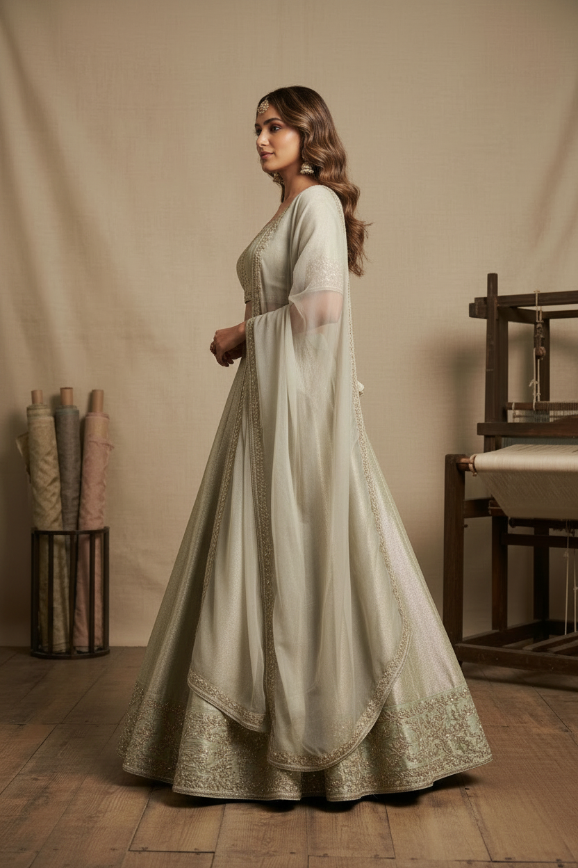 Sage green embroidered blouse and lehenga set