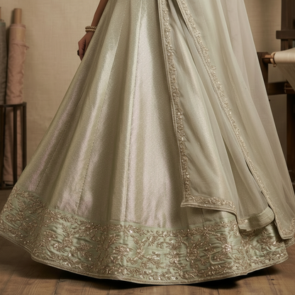 Sage green embroidered blouse and lehenga set