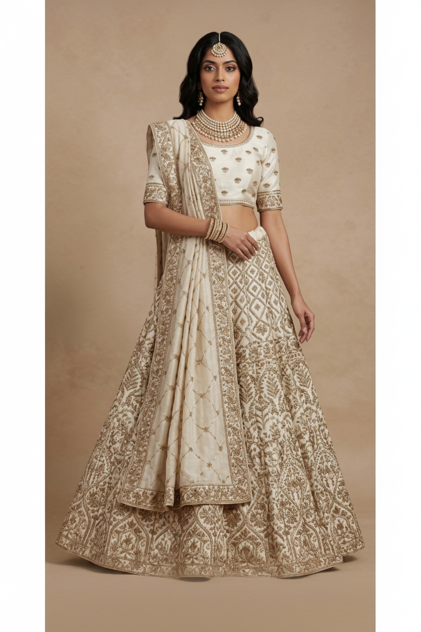Woman wearing a traditional embroidered outfit on a beige background