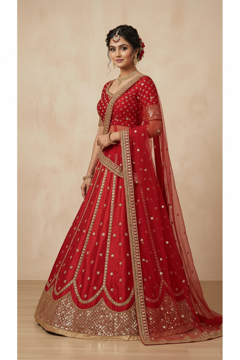Woman wearing a red embroidered traditional outfit with gold details on a beige background