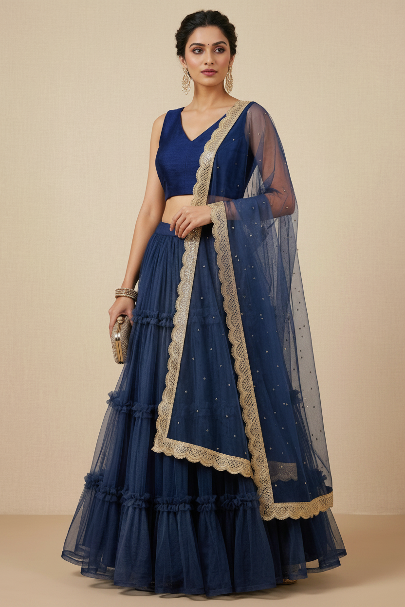 Woman wearing a blue traditional outfit with gold accents on a beige background