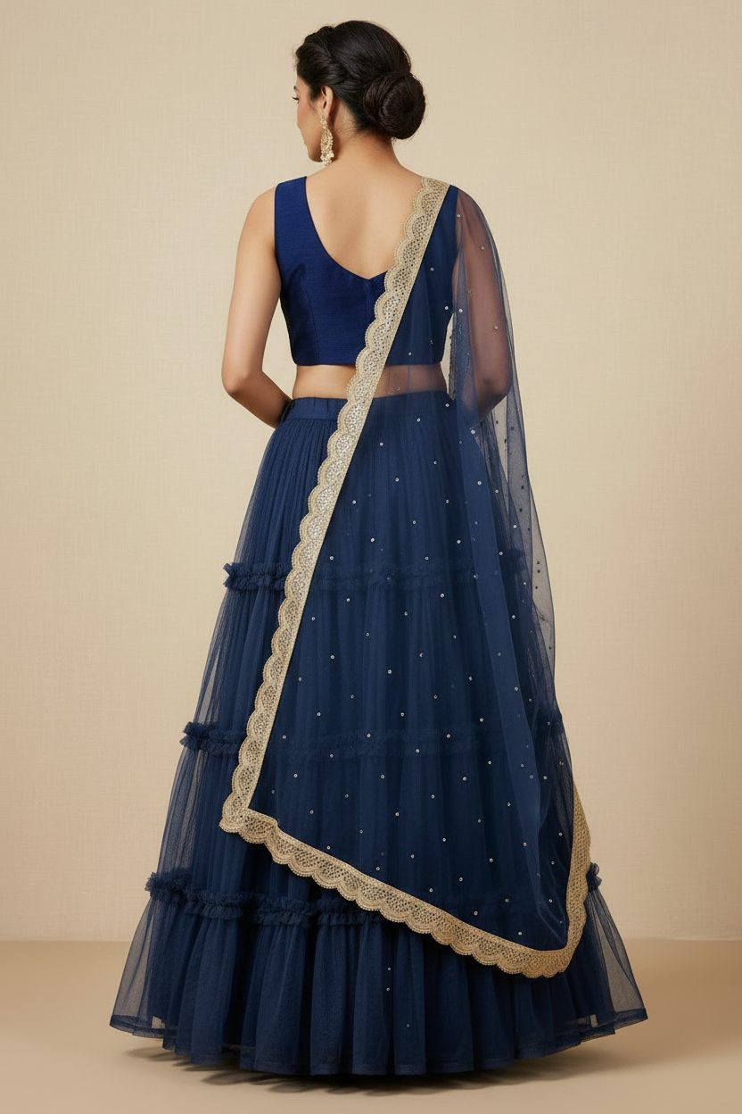 Deep blue and pale gold frill lehenga set