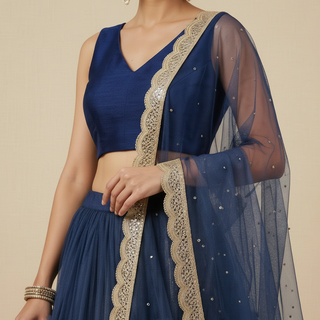 Deep blue and pale gold frill lehenga set
