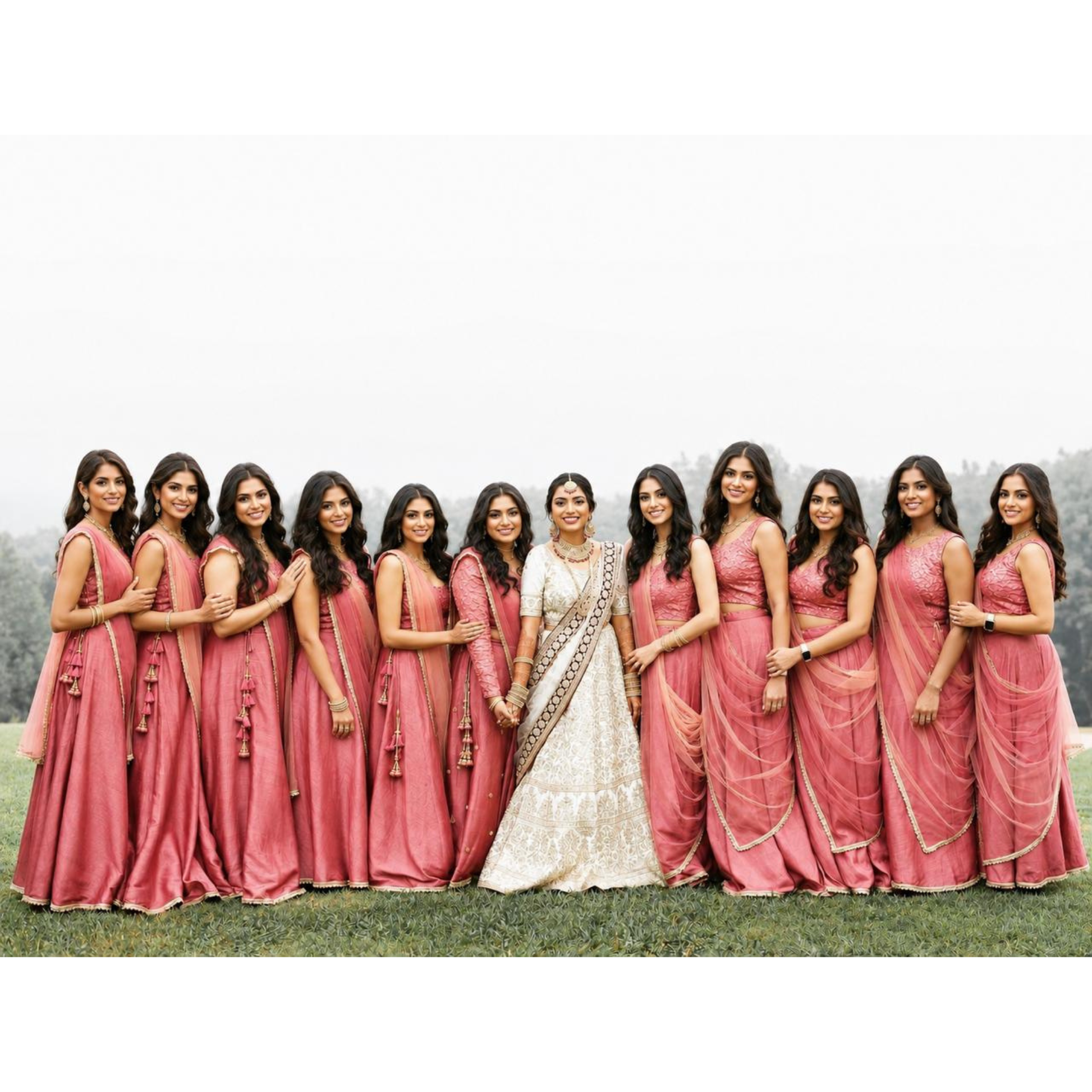 Group of women in pink sarees with one in a white saree, standing on grass.