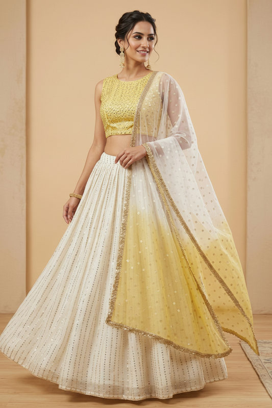 Woman wearing a yellow and white traditional outfit with a beige background