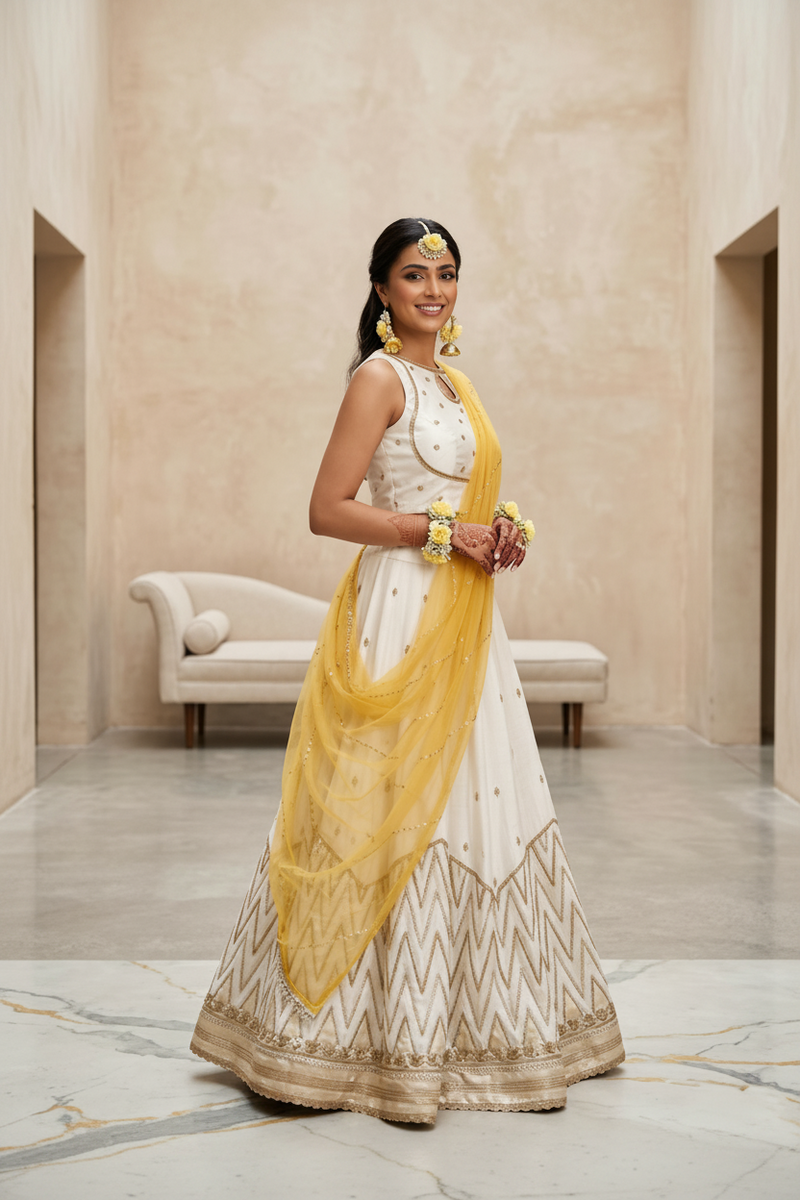 Marigold and off white skirt set