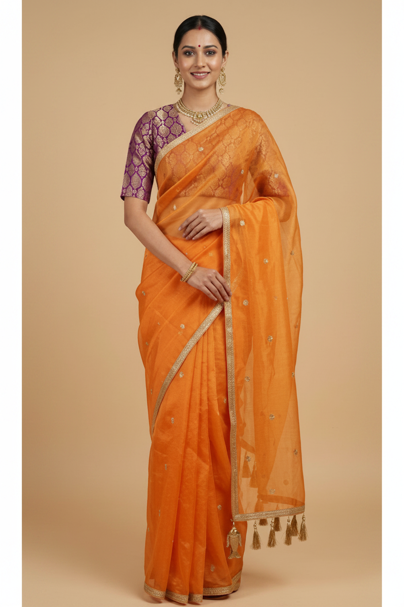 Woman wearing an orange saree with a beige background