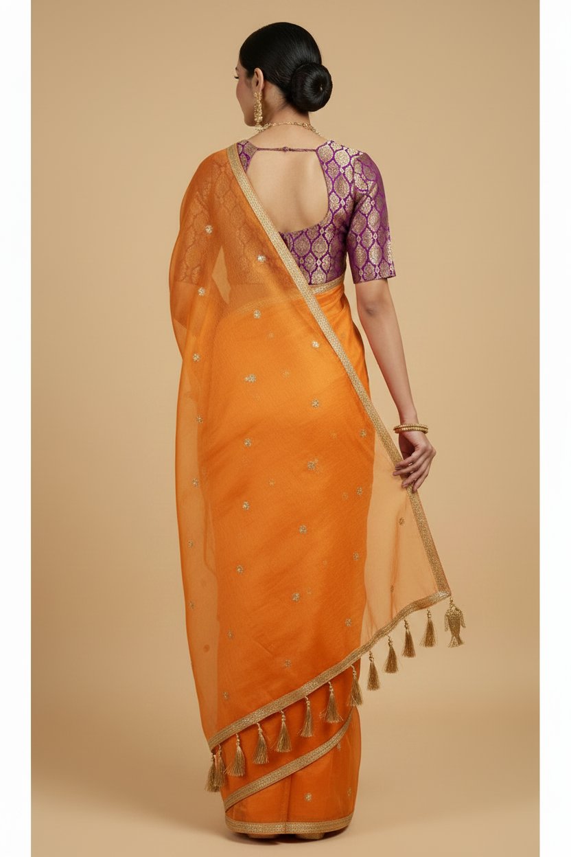 Clementine and eggplant silk saree