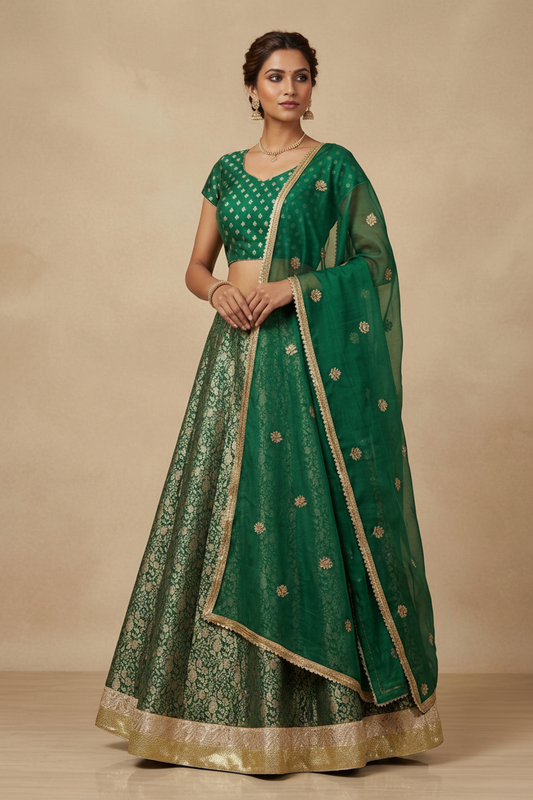 Woman wearing a green traditional outfit with gold details on a beige background