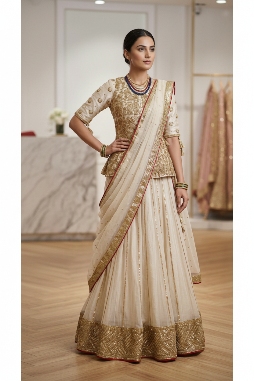 Woman wearing a traditional beige and gold saree with blouse in an indoor setting.
