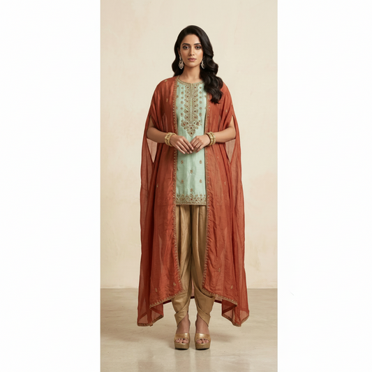 Woman wearing a traditional outfit with a long rust-colored dupatta on a beige background