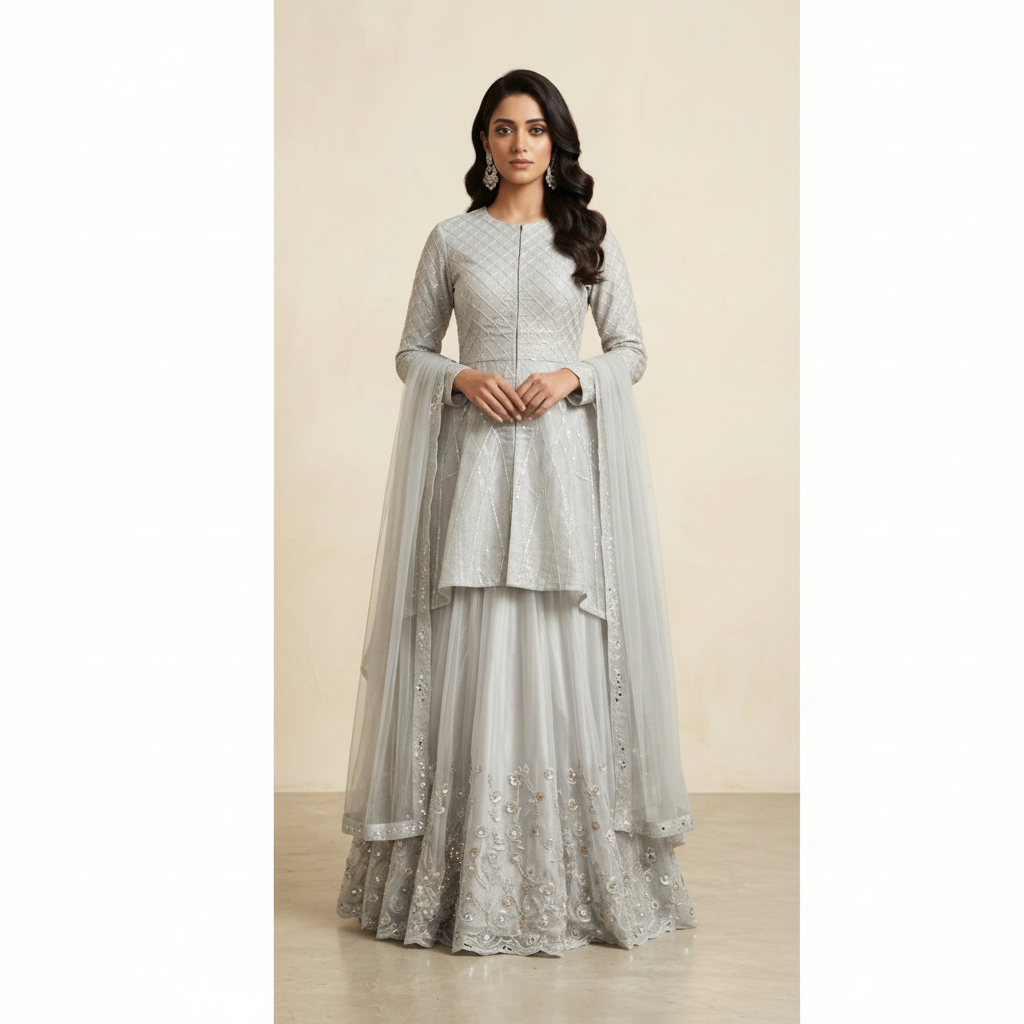 Woman wearing a silver embroidered traditional outfit on a beige background