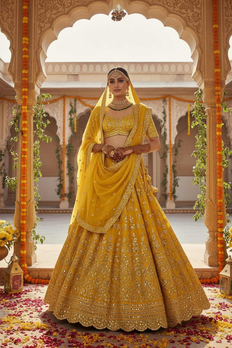 A woman stands in an ornate courtyard wearing a bright yellow embroidered traditional outfit with a matching dupatta. The outfit includes a heavily embellished blouse, a full flared skirt, and a draped veil, with decorative floral garlands and architectural arches in the background.
